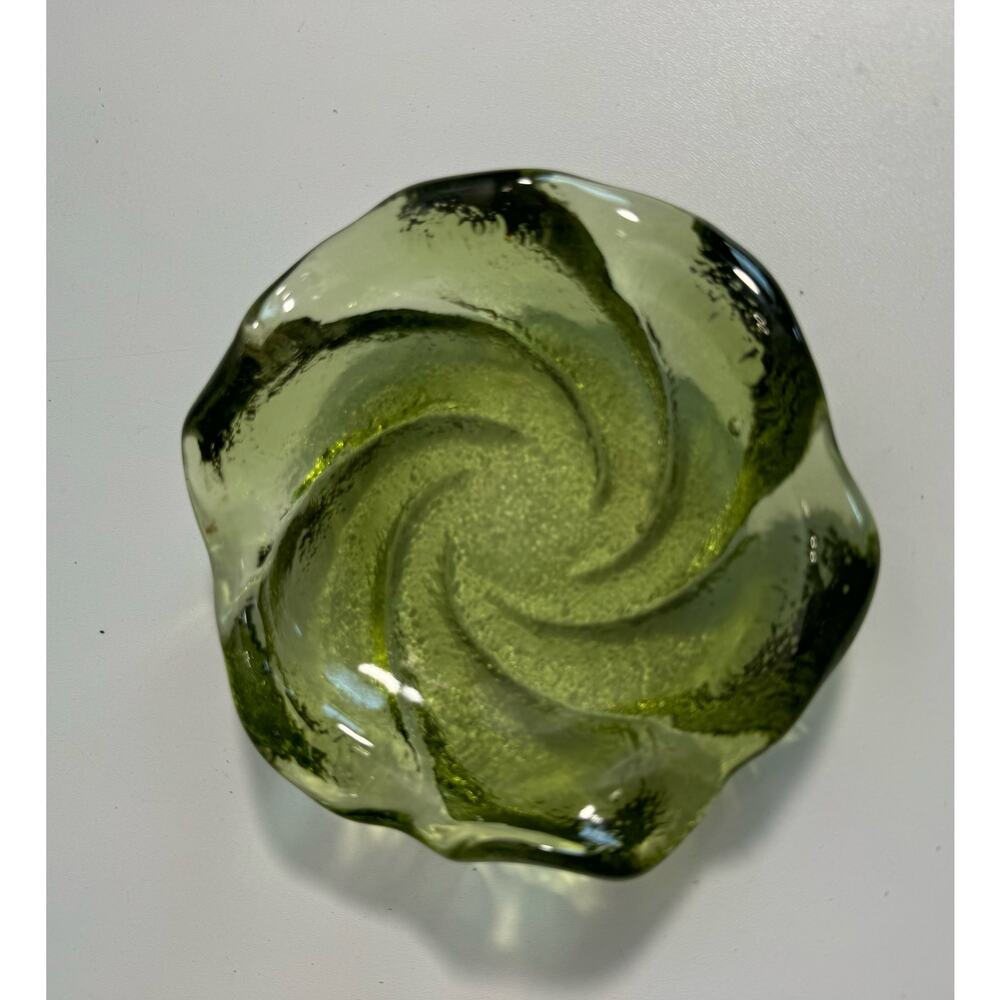 Vintage Fenton Avocado Green Glass 5” Textured Swirl Ashtray Candy Dish Bowl